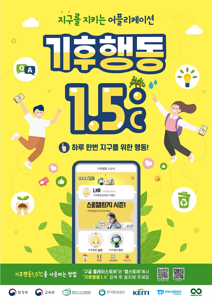기후행동 1.5 모바일 앱 런칭 안내(자라나는 미래 세대에게 기후변화의 심각성을 인식시키고 기후 친화적은 생활 습관을 형성할 수 있는 기후행동 1.5 모바일 앱)
1. 참여대상 : 초등학교 4~6학년
2. 주요컨텐츠 :
- (학생대상) 기후행동 실천일기, 기후행동 퀴즈, 기후행동 위기극복 팁
- (소속학교) 학교 간 참여학생 비율 및 참여인원을 반영한 우수학교 선정
3. 참여 혜택 : 우수학생 및 학교 대상 포상 및 상장 수여 예정
4. 설치방법
- 안드로이드 마켓 및 앱 스토어